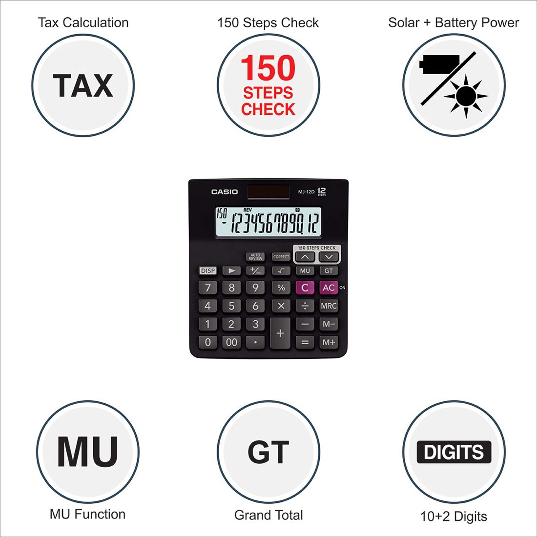 Casio MJ-12D 150 Steps Check and Correct Desktop Financial Calculator, Black