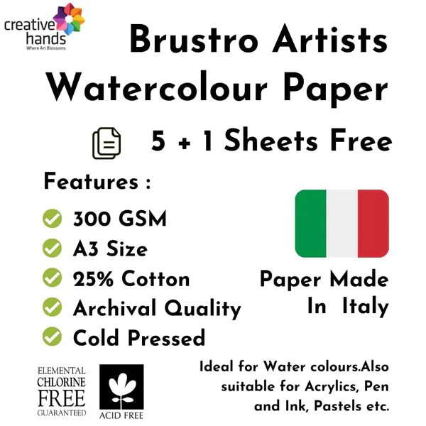 BRUSTRO, Watercolour Sheet - ARTISTS' A3 | 5 + 1 Sheets | 300 gsm.