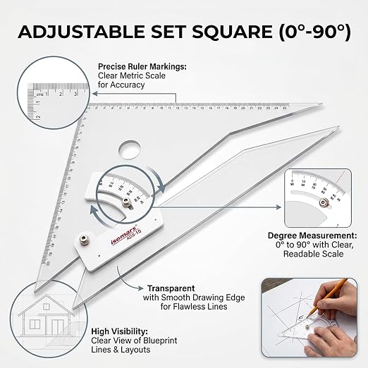 Isomars Adjustable Set Square 10 Inch with Safety Cloth Cover | Transparent Acrylic Drafting Triangle | Adjustable Angle Ruler for Technical Drawing, Engineering, Architecture, Drafting & Students