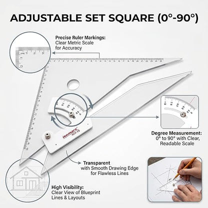 Isomars Adjustable Set Square 10 Inch with Safety Cloth Cover | Transparent Acrylic Drafting Triangle | Adjustable Angle Ruler for Technical Drawing, Engineering, Architecture, Drafting & Students