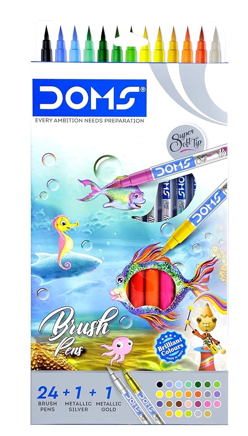DOMS Non-Toxic Multicolor 26 Shades Brush Pens Set | Super Soft Fine Tip Brush Pens | Diverse 26 Shades | Water Based Ink | Includes Gold & Silver Shades | Pack of 1