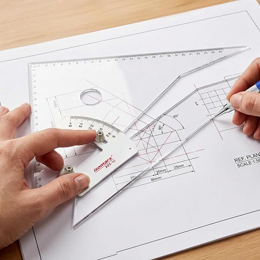 Isomars Adjustable Set Square 10 Inch with Safety Cloth Cover | Transparent Acrylic Drafting Triangle | Adjustable Angle Ruler for Technical Drawing, Engineering, Architecture, Drafting & Students