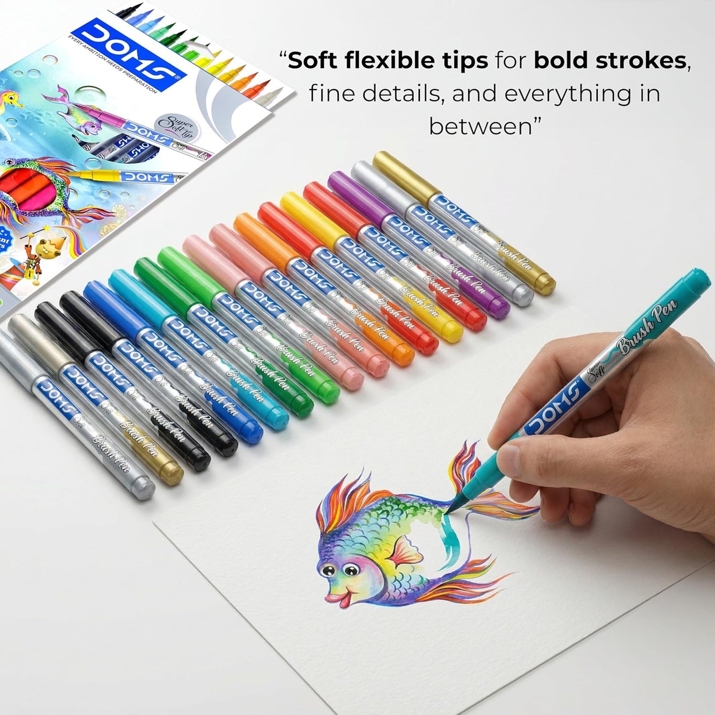 DOMS Non-Toxic Multicolor 26 Shades Brush Pens Set | Super Soft Fine Tip Brush Pens | Diverse 26 Shades | Water Based Ink | Includes Gold & Silver Shades | Pack of 1