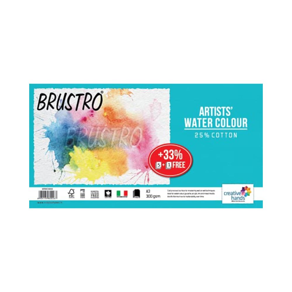 BRUSTRO, Watercolour Sheet - ARTISTS' A3 | 5 + 1 Sheets | 300 gsm.