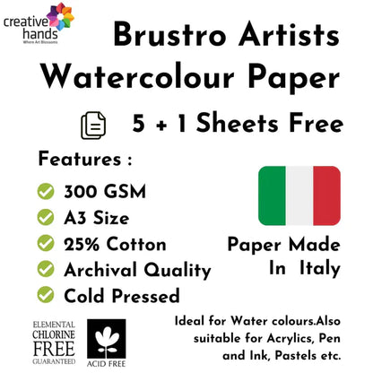 BRUSTRO, Watercolour Sheet - ARTISTS' A3 | 5 + 1 Sheets | 300 gsm.
