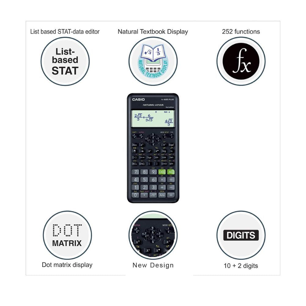 CASIO, Scientific Calculator FX-82ES PLUS - NATURAL TEXTBOOK DISPLAY | 252 Functions.