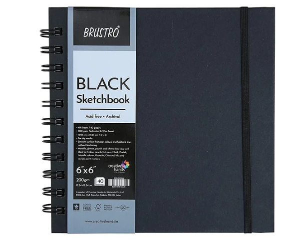 Brustro Black Sketchbook, Wiro Bound, Size 6" x 6" Inches, 200GSM (40 Sheets) 80 Pages