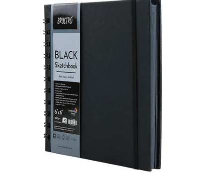Brustro Black Sketchbook, Wiro Bound, Size 6" x 6" Inches, 200GSM (40 Sheets) 80 Pages