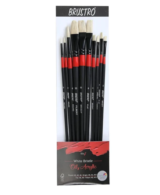 Brustro White Bristle Oil, Acrylic Colour Round Brushes Set Of 10