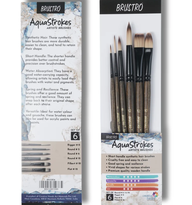 BRUSTRO AquaStrokes Artist Brushes | Set of 6 |Synthetic Bristles,Wooden handle