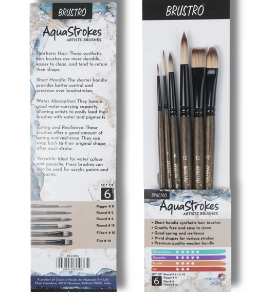 BRUSTRO AquaStrokes Artist Brushes | Set of 6 |Synthetic Bristles,Wooden handle