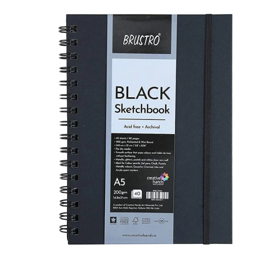 BRUSTRO Black Sketchbook | A5, 200GSM | 40 Sheets/80 Pages | Wiro Bound