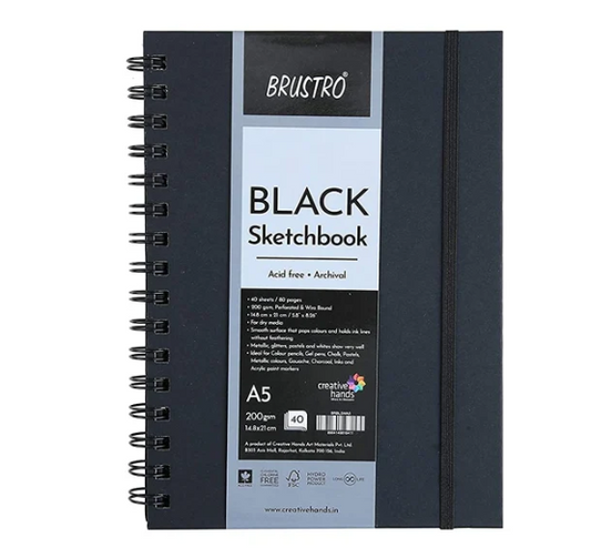 BRUSTRO Black Sketchbook | A5, 200GSM | 40 Sheets/80 Pages | Wiro Bound