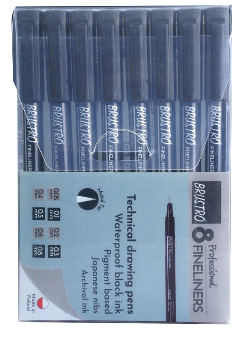 BRUSTRO Professional Pigment Based Fineliner Pen |Black| Set of 8