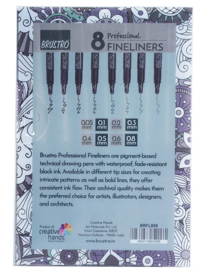 BRUSTRO Professional Pigment Based Fineliner Pen |Black| Set of 8