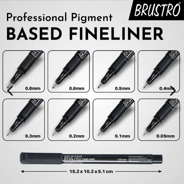 BRUSTRO Professional Pigment Based Fineliner Pen |Black| Set of 8