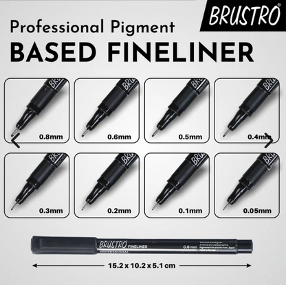 BRUSTRO Professional Pigment Based Fineliner Pen |Black| Set of 8