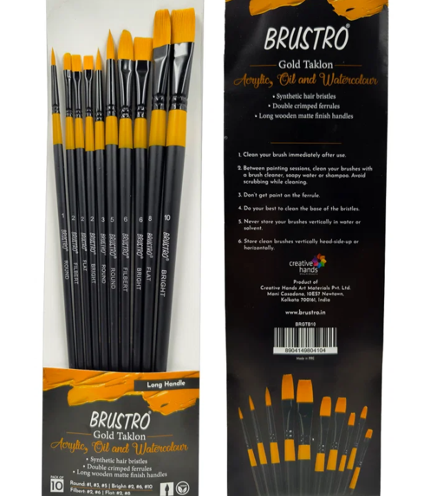 BRUSTRO Artists Gold Taklon Brushes Set of 10| long handle, Bright, Filbert, Flat, Round