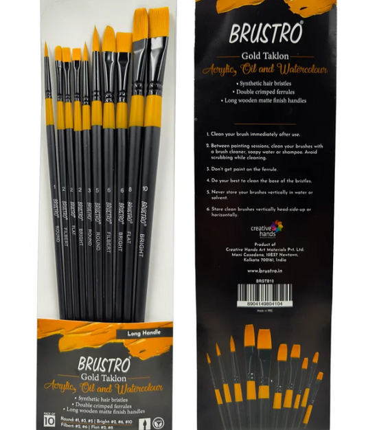 BRUSTRO Artists Gold Taklon Brushes Set of 10| long handle, Bright, Filbert, Flat, Round