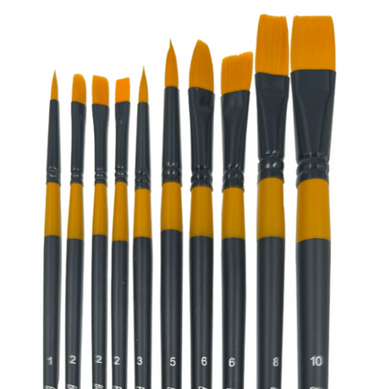 BRUSTRO Artists Gold Taklon Brushes Set of 10| long handle, Bright, Filbert, Flat, Round