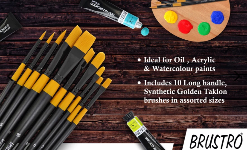 BRUSTRO Artists Gold Taklon Brushes Set of 10| long handle, Bright, Filbert, Flat, Round