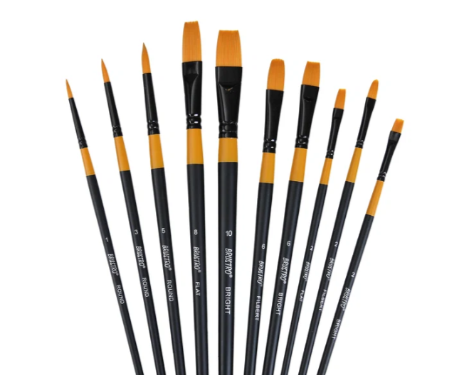 BRUSTRO Artists Gold Taklon Brushes Set of 10| long handle, Bright, Filbert, Flat, Round