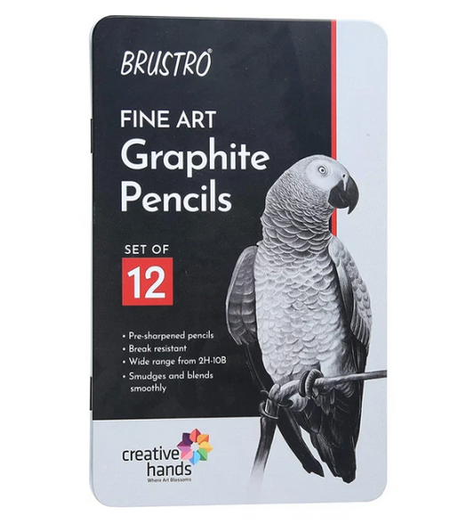 BRUSTRO Fine Art Graphite Pencil Set |10B - 2H | Pack of 12 with Elegant Tin Box