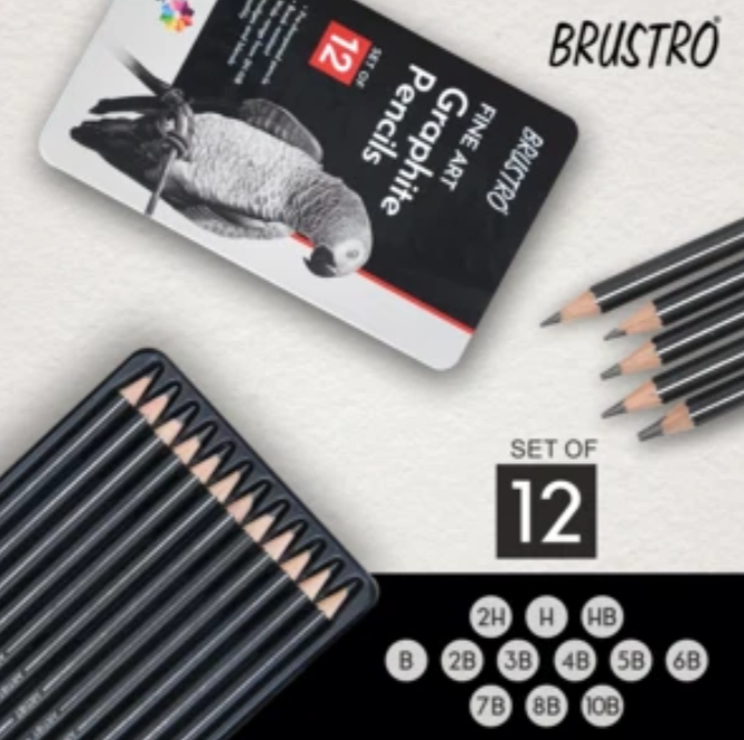 BRUSTRO Fine Art Graphite Pencil Set |10B - 2H | Pack of 12 with Elegant Tin Box