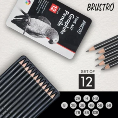 BRUSTRO Fine Art Graphite Pencil Set |10B - 2H | Pack of 12 with Elegant Tin Box