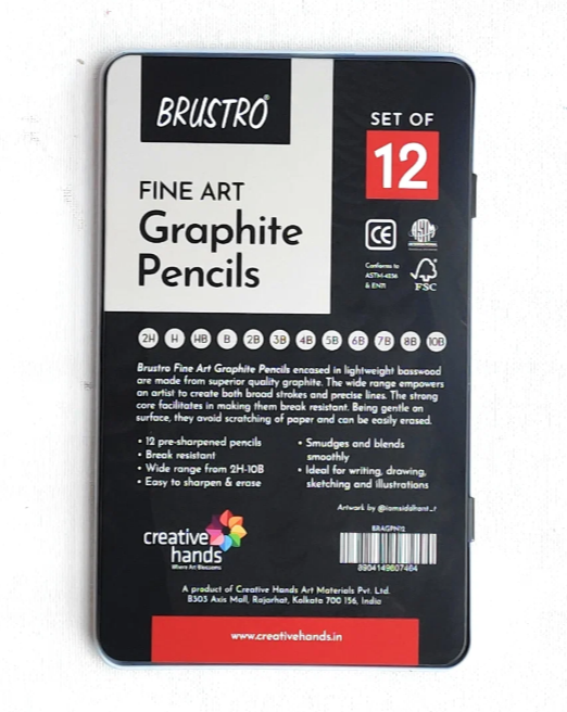 BRUSTRO Fine Art Graphite Pencil Set |10B - 2H | Pack of 12 with Elegant Tin Box