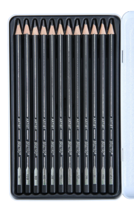 BRUSTRO Fine Art Graphite Pencil Set |10B - 2H | Pack of 12 with Elegant Tin Box