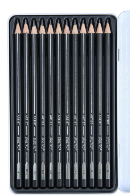 BRUSTRO Fine Art Graphite Pencil Set |10B - 2H | Pack of 12 with Elegant Tin Box