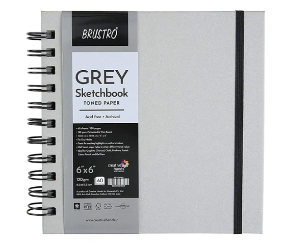 Brustro Toned Paper - Grey Sketchbook, Wiro Bound, Size 6" x 6", 120GSM (60 Sheets) 120 Pages