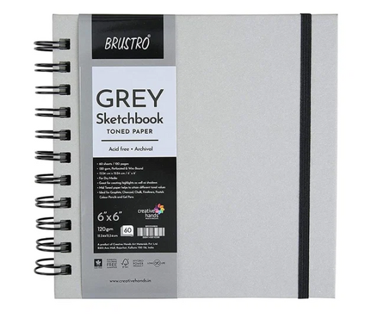 Brustro Toned Paper - Grey Sketchbook, Wiro Bound, Size 6" x 6", 120GSM (60 Sheets) 120 Pages