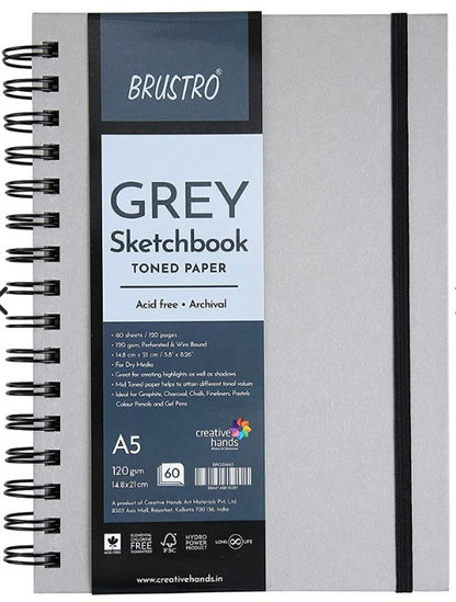 Brustro Toned Paper - Grey Sketchbook, Wiro Bound, A5, 120GSM (60 Sheets) 120 Pages