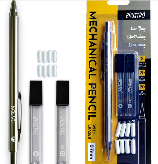 BRUSTRO Mechanical Pencil Set | HB-20 leads, 2B-20 leads,Spare eraser 8 units|Tip size 0.7 mm