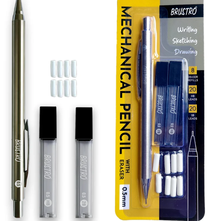 BRUSTRO Mechanical Pencil Set | HB-20 leads, 2B-20 leads,Spare eraser 8 units|Tip size 0.5 mm