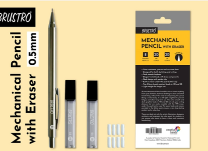 BRUSTRO Mechanical Pencil Set | HB-20 leads, 2B-20 leads,Spare eraser 8 units|Tip size 0.5 mm