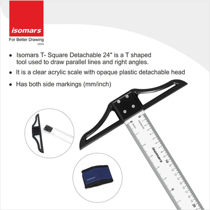 Isomars T Square – 24 Inch Detachable Scale for Technical Drawing, Drafting & Engineering | Comes with Detachable Head for Precision and Portability