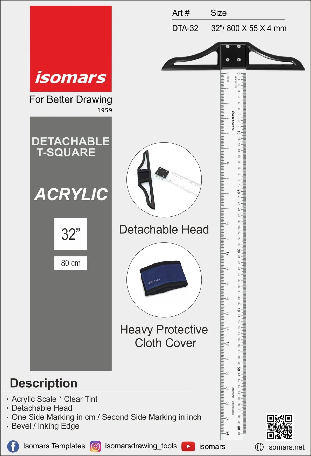 Isomars T Square - 32 inch Detachable Scale for Technical Drawing, Drafting & Engineering | with Detachable Head for Precision and Portability